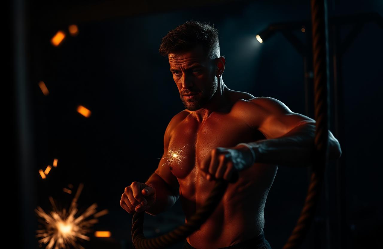 Athletic man training with battle ropes in a dim gym under warm ember light, illustrating men's stamina and vitality